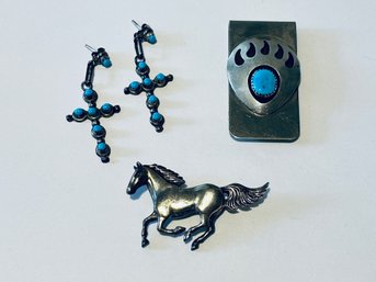 Sterling Horse Pin, Earrings And Wallet Clip