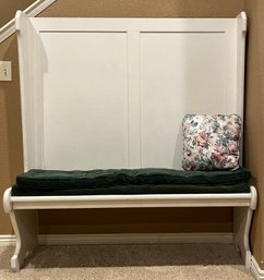White Painted Entryway Tree Bench With Dark Green Cushion