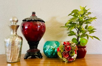 Grouping Of Assorted Decorative Items, Including A Small Faux Plant, Faux Flowers & Glass Bowl And More