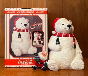 Vintage Coca Cola Bear Cookie Jar With Ornament