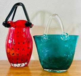 Duo Of Hand Blown Bag Shapped Glass Vases