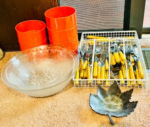 Vintage Washington Forge Silverware Set, Orange Plastic Bowls & 2 Large Glass Bowls