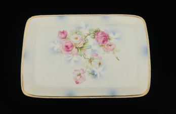 Hand Painted Rose Porcelain Plate With Golden Trim