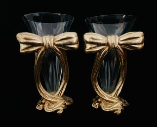 Pair Of Vintage Glass Vases With Golden Ribbon, Made In Korea