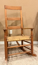 Vintage High Back Wood Rocking Chair With Woven Base
