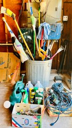 Lot Of Yard Tools, Brooms, Hose, Power Cords & More