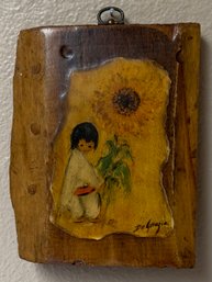 Ted De Grazia Sunflower & Boy Print On Wooden Plaque