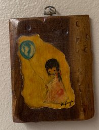 Ted De Grazia Girl With Blue Balloon Print On Wooden Plaque