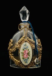 Apollo Studios Ormolu Flower Basket Gold Perfume Bottle, Gilt, Cameo Style With Handpainted Rose In Center