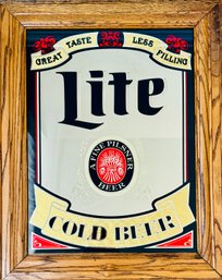 Vintage Miller Lite Cold Beer Large Wood Framed Mirror Bar Pub Sign