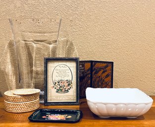 Assortment Of Home Decor Including Large Glass Vase And Stained Glass Art