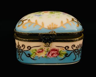 Vintage Hand Painted Floral Porcelain Miniature Hinged Trinket Box