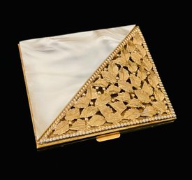 Vintage Gold Tone Brushed Leaf With Mother Of Pearl Effect Open Design Compact