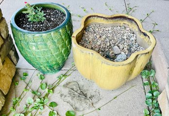 Pair Of Glazed Ceramic Pots, Incl. A Yellow One