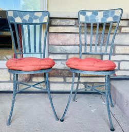 2 Heavy Wrought Iron Chairs With Round Cushions