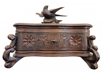 Antique Swiss Black Forest Hand Carved Wood Jewelry Box