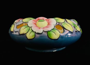 Vintage Japanese Lusterware Camellia Flower Peach Blue Round Bowl