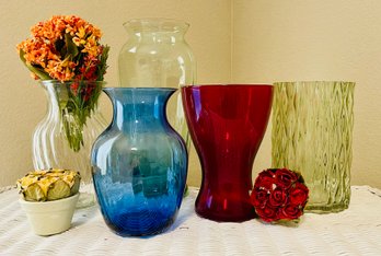 Lot Of Decorative Glass Vases Including Faux Plants
