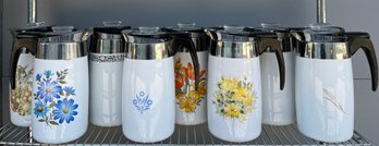 Eight (8) Corning Ware Electric Coffee Percolators With Filter, Heating Element, And Cord, Various Patterns