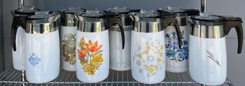 Eight (8) Corning Ware Electric Coffee Percolators With Filter, Heating Element, And Cord, Various Patterns