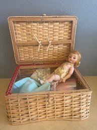 Antique Doll In Wicker Basket - Includes Clothes