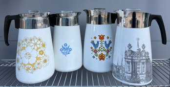 Four (4) Corning Ware Stovetop Coffee Percolators With Various Patterns