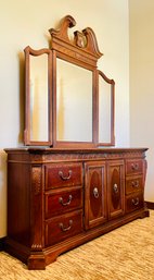 Mahogany Dresser With Brass Hardware And Foldable Mirror