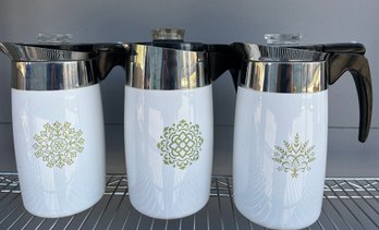 Three (3) Corning Ware Electric Coffee Percolators With Different Olive Green Patterns