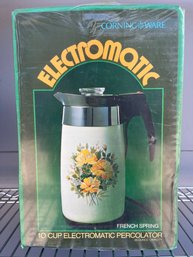 Corning Ware Electromatic 10 Cup Coffee Percolator With French Spring Pattern In Original Packaging