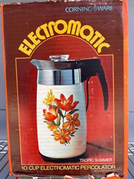 Corning Ware 10 Cup Coffee Electromatic Percolator With Tropic Summer Pattern In Original Packaging