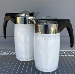 Two (2) Corning Ware Electromatic Coffee Percolators With Matching Geometric Pattern, 10 And 6 Cup