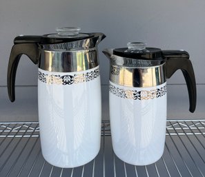 Two (2) Corning Ware Electromatic Coffee Percolators With Matching Filigree Pattern, 10 And 6 Cup