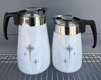 Two (2) Corning Ware Stovetop Coffee Percolators With Matching Star Pattern, 9 And 6 Cup