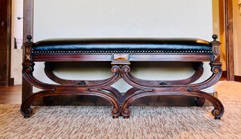 Vintage Theodore Alexander Wood And Faux Leather Regency Bench