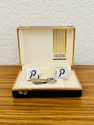 Swank Silver Toned 'P' Cufflinks And Tie Clip
