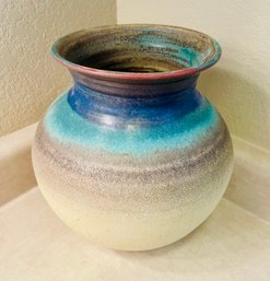 Blue & Cream Ceramic Pot, Signed By Artist