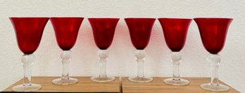 Set Of 6 Hand Blown Ruby Red Tall Glass Goblets