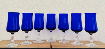 Set Of 7 Fostoria Glass Cobalt Blue Distinction Water Goblets