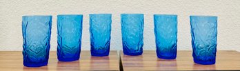 Set Of 6 Crinkle Blue Glass Tumblers