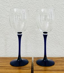 Pair Of French Luminarc Cobalt Blue Stemmed Whine Glasses