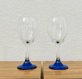 Two Blue Base Stemmed Whine Goblet Glasses
