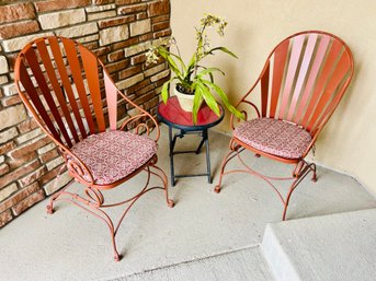Duo Of Copper Colored Metallic Patio Chairs & Small Table