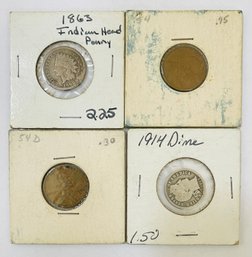 1863 Indian Head Penny,1914 Silver Barber Dime And 2 1954 Pennies