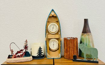Outdoorsy Decor Lot With Canoe Fishing Barometer, Candles & More!