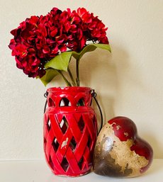 Red Vase With Faux Flowers & Decorative Heart Figurine