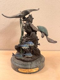 Voyagers Of The Deep By J. Wyatt - Stingray, Turtle, And Fish Mixed Media Sculpture With Marble Base