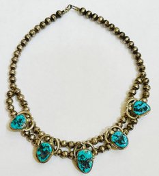 Old Pawn Sterling Silver Navajo Raw Turquoise Bench Bead Choker Necklace