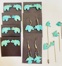 Carved Turquoise Bear Fetish Earrings, Dangle Earrings And Stick Pins