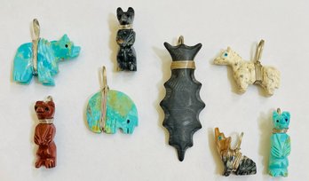 Carved Stone And Turquoise Fetish Pendants