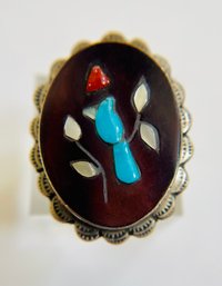 Vintage Zuni/ Navajo Turquoise Inlay Bluejay Ring Size 8 Marked MRC